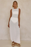 Knit Slim Fit Side Slit Cover Ups Maxi Tank Dresses-White