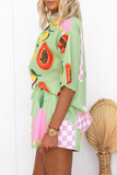 Flower Fruits Print Half Sleeve Blouse Casual Shorts Matching Set-Green