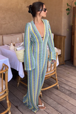 Crochet Abstract Striped Pattern Deep V Neck Flare Sleeve Slit Maxi Dresses-Green