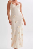 3D Flower Decor Knit Slim Fit Backless Spaghetti Strap Maxi Dresses-White