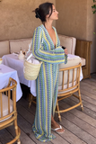 Crochet Abstract Striped Pattern Deep V Neck Flare Sleeve Slit Maxi Dresses-Green