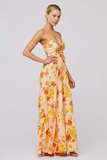 Floral Print Front Tie Up Spaghetti Strap Flowy Maxi Dresses-Orange