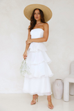 Strapless A-Line Layered Ruffled Hem Maxi Dresses-White