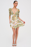 Floral Print V Neck Juliet Sleeve Lace Ruffled Trim A-Line Mini Dresses-Green