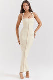 Halter Neck Backless Zipper Split Formal Party Maxi Dresses-Beige