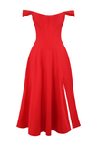 Dropped Shoulder Corset A-Line Slit Solid Color Midi Dresses-Red