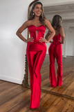 Twisted Strapless Cutout Corset Straight Leg Party Jumpsuit-Red