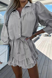 Striped Button Up 3/4 Lantern Sleeve Blouse Ruffled Mini Skirt Matching Set-Blue