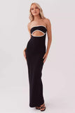 Contrast Binding Cut Out Strapless Bodycon Party Maxi Dresses-Black