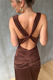 Sleeveless Cowl Neckline Ruched Backless Maxi Dresses-Brown Pre Order