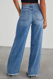 Denim Wide Leg Raw Edge Hemline Pocket Jeans-Blue