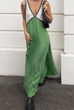 V Neck Colorblock A-Line Maxi Tank Dresses-Green