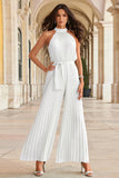 Halter All Over Pleated Wide Leg Jumpsuit