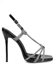 Sparkling Rhinestone Square Toe Buckle Ankle Strap Party High Heels-Black