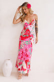 Floral Print V Neck Vacation Cami Maxi Dresses-Pink