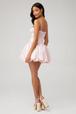 Gathered Bust Tied Up Birthday Party Bubble Mini Slip Dresses-Pink