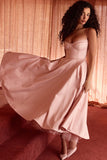 Elegant Cinch Waist Party Bridesmaid Tulle Layered Midi Slip Dresses-Pink