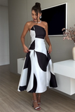 Colorblock Strapless A-Line Cocktail Party Midi Dresses-Black