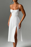 Jacquard Boat Neck Corset A-Line Slit Midi Strappy Dresses-White