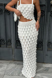 Texture Knit Cami Top Bodycon Maxi Skirt Vacation 2pcs Set-White