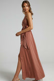 V Neck Knotted Split Gown Slip Maxi Dresses