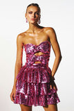 Sequin Strapless Bow Cutout A-Line Tiered Ruffled Birthday Party Mini Dresses-Fuchsia