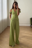 Ruched Dropped Shoulder V Neck Waistcoat Wide Leg Pants Matching Set-Green