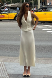 V Neck Waistcoat Pleated Midi Skirt Matching Set-White