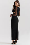 Irregular Cutout Long Sleeve Slim Fit Mesh Maxi Dresses-Black