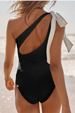 One Shoulder Tie Up Bow Backless Plain One-Piece Swimsuit-Black