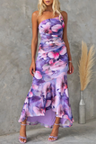 Floral Print One Shoulder Asymmetrical Fishtail Hem Sleeveless Maxi-Purple