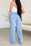 Denim Frayed Ripped Straight Leg Jeans-Blue