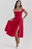 Dropped Shoulder Corset A-Line Slit Solid Color Midi Dresses-Red