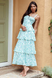 Floral Print Square Neck Straps Back Ribbon Cut Out Tiered Wedding Guest Maxi Dresses-Blue