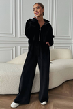 Turndown Collar Zip Crop Cardigan Wide Leg Velvet Pants Matching Set-Black