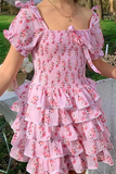 Floral Print Puff Sleeve Bow Decor Tiered Ruffled Mini Dresses-Pink