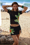 Floral Print Short Sleeve Crop Top Slit Mini Skirt Matching Set-Black