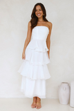 Strapless A-Line Layered Ruffled Hem Maxi Dresses-White