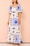 Square Neck Puff Sleeve Quilted Hem Boho Print Vacation Maxi Dresses-Blue