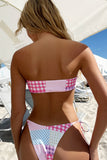 Hollow Out Tied Up Backless Tube 2 Pieces Plaid Print Bikini Sets