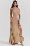 Stand Collar Backless High Slit Party Maxi Dresses-Khaki