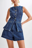 Button Up Slit Tank Top High Waist Shorts Denim Matching Set-Blue