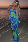 Abstract Floral Print Tie Up Slim Fit Ruffled Maxi Slip Dresses-Blue