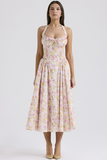 Sleeveless Halter Floral Print Corset A-Line Garden Party Midi Dresses-Pink