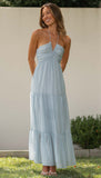 Halter Sleeveless Backless Tiered Pleated Flowy Vacation Maxi Dress