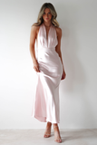 Halter Neck Slim Fit Fishtail Hem Backless Maxi Dresses-Pink