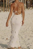 3D Flower Decor Knit Slim Fit Backless Spaghetti Strap Maxi Dresses-White