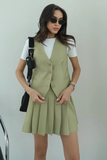 Solid Color V Neck Button Up Waistcoat Pleated Mini Skirt Matching Set-Brown