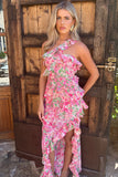 Floral One Shoulder Ruffle Asymmetric Vacation Maxi Dresses-Pink