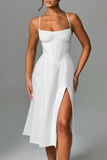 Jacquard Boat Neck Corset A-Line Slit Midi Strappy Dresses-White